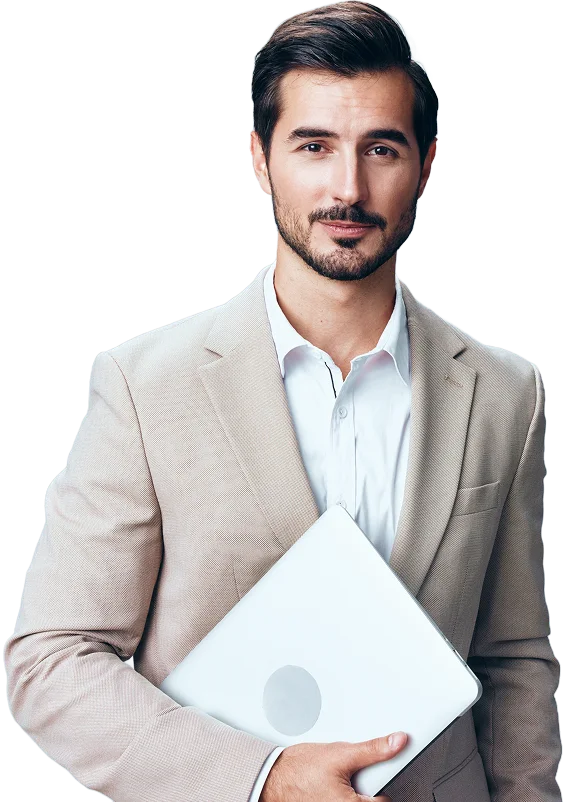 man job freelancer male computer laptop business suit internet smiling copyspace